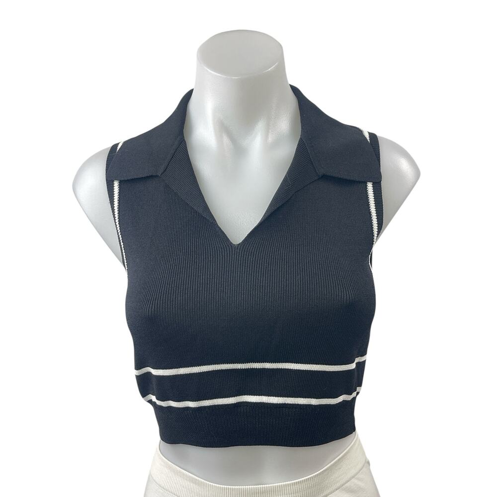 Oak + Fort Black Striped Rib Knit V Neck Collared Sleeveless Crop Tank Top Sz S